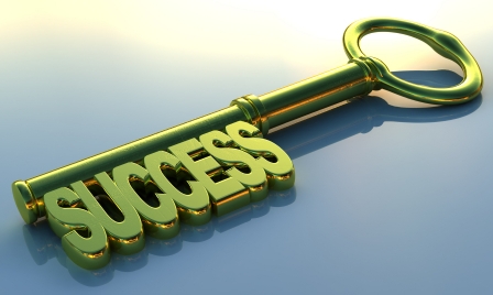 A golden key that leads to success. 3D rendering with raytraced textures and HDRI lighting.
